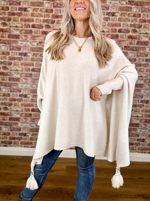 women's tops with ruffled hemsMiracle Tassel Modal Poncho