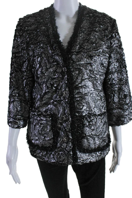 women's coats with geometric patternsChanel Womens Silk Metallic Faux Fur Buttoned Jacket Silver Black SIze EUR 36