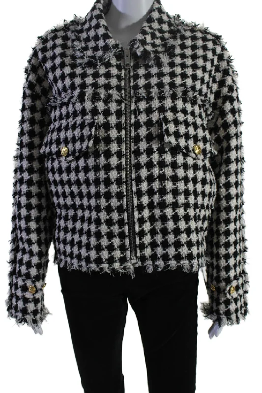 women's coats with liningGucci Womens Front Zip GG Pocket Fringe Plaid Knit Jacket Black White