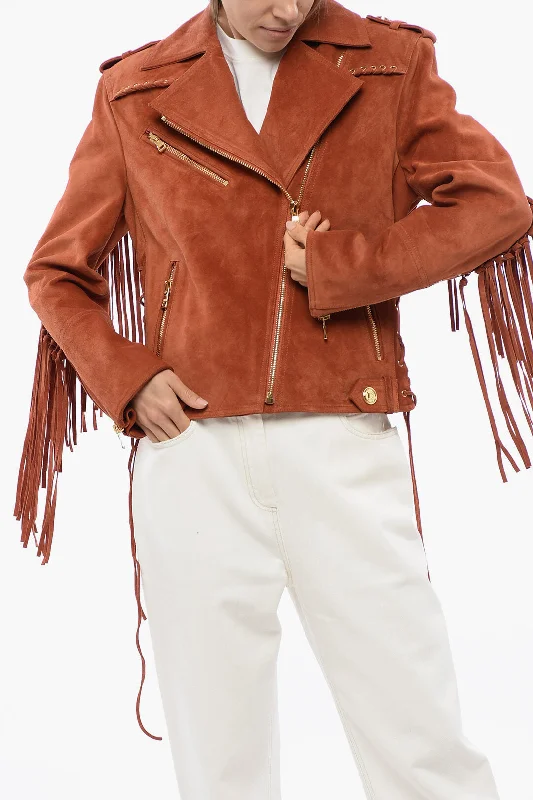 women's coats with zippersBalmain Fringed Suede Biker Jacket