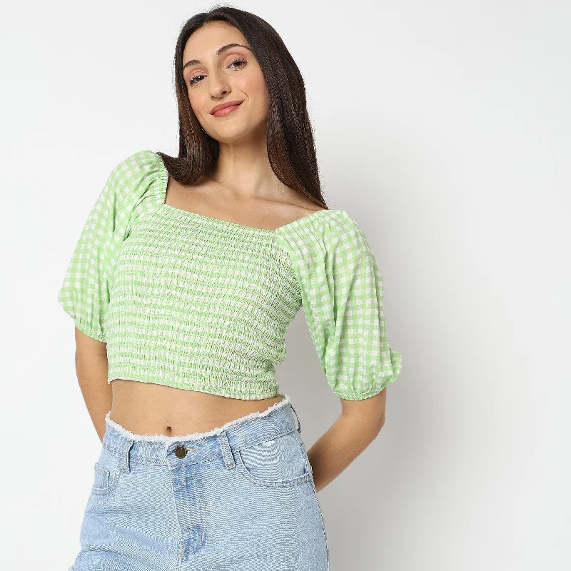 off-the-shoulder women's topsRegular Fit Checkered Top