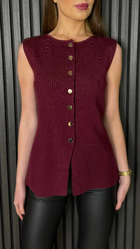 women's tops for those who want to add a touch of elegance and sophistication to their everyday wearJanet Burgundy Gold Button Detail Waistcoat