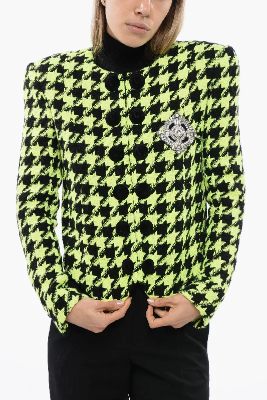 women's coats for tall womenBalmain Neon Houndstooth Tweed Jacket With Velvet Buttons