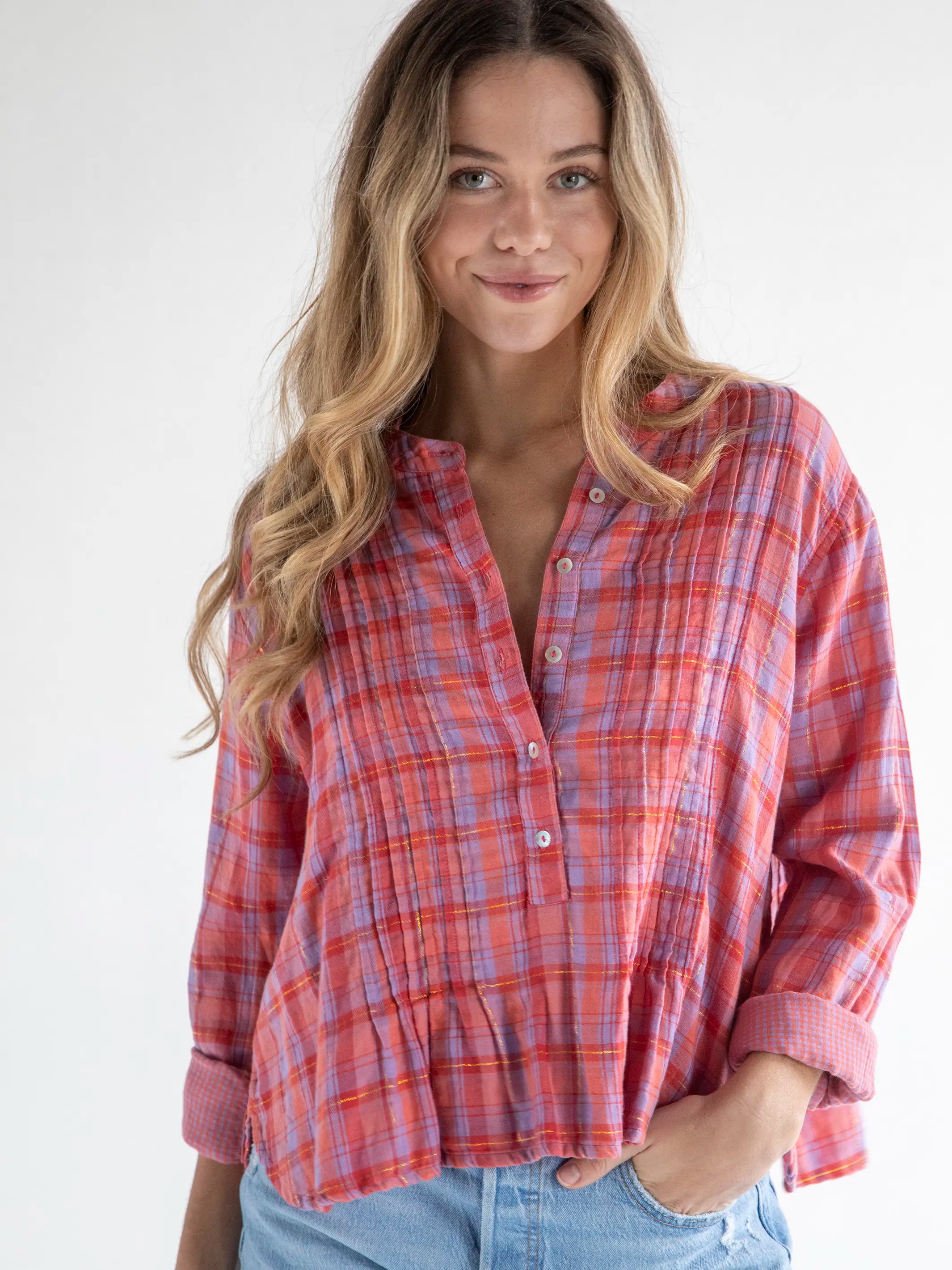 luxury women's topsMontana Top - Gauze Pink Lavender Plaid