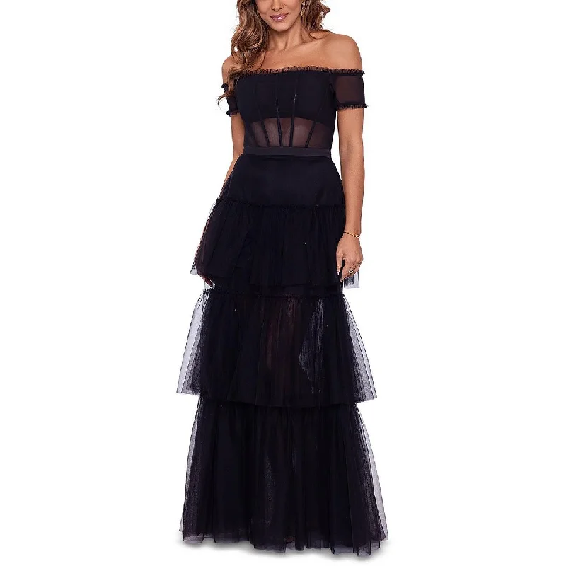 Custom DressBetsy & Adam Womens Off-The-Shoulder Tiered Evening Dress