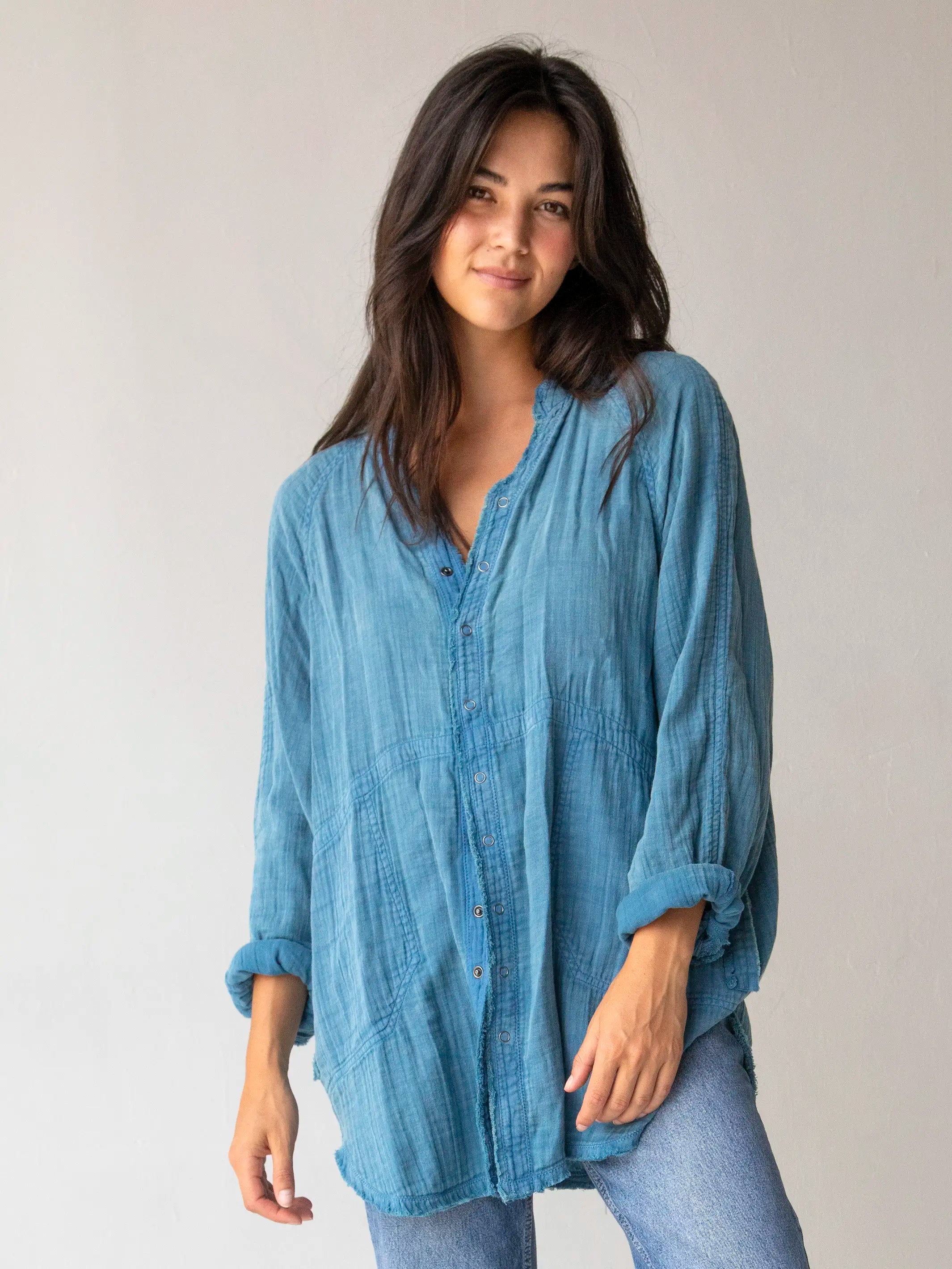 spaghetti strap women's topsLaid Back Cotton Button Down Top - Denim Blue