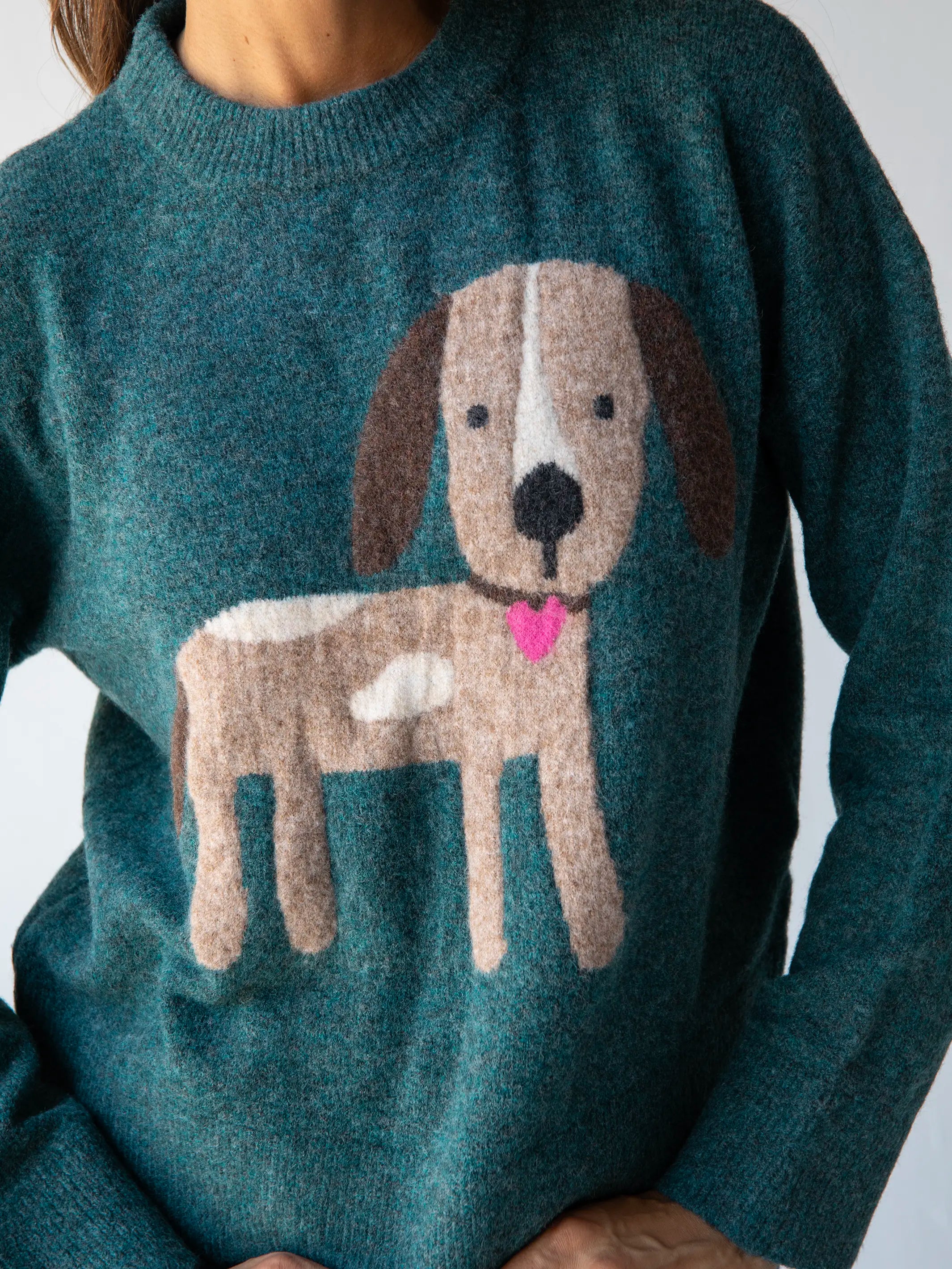 women's tops with sheer overlaysEveryone's Favorite Sweater - Dark Teal Dog