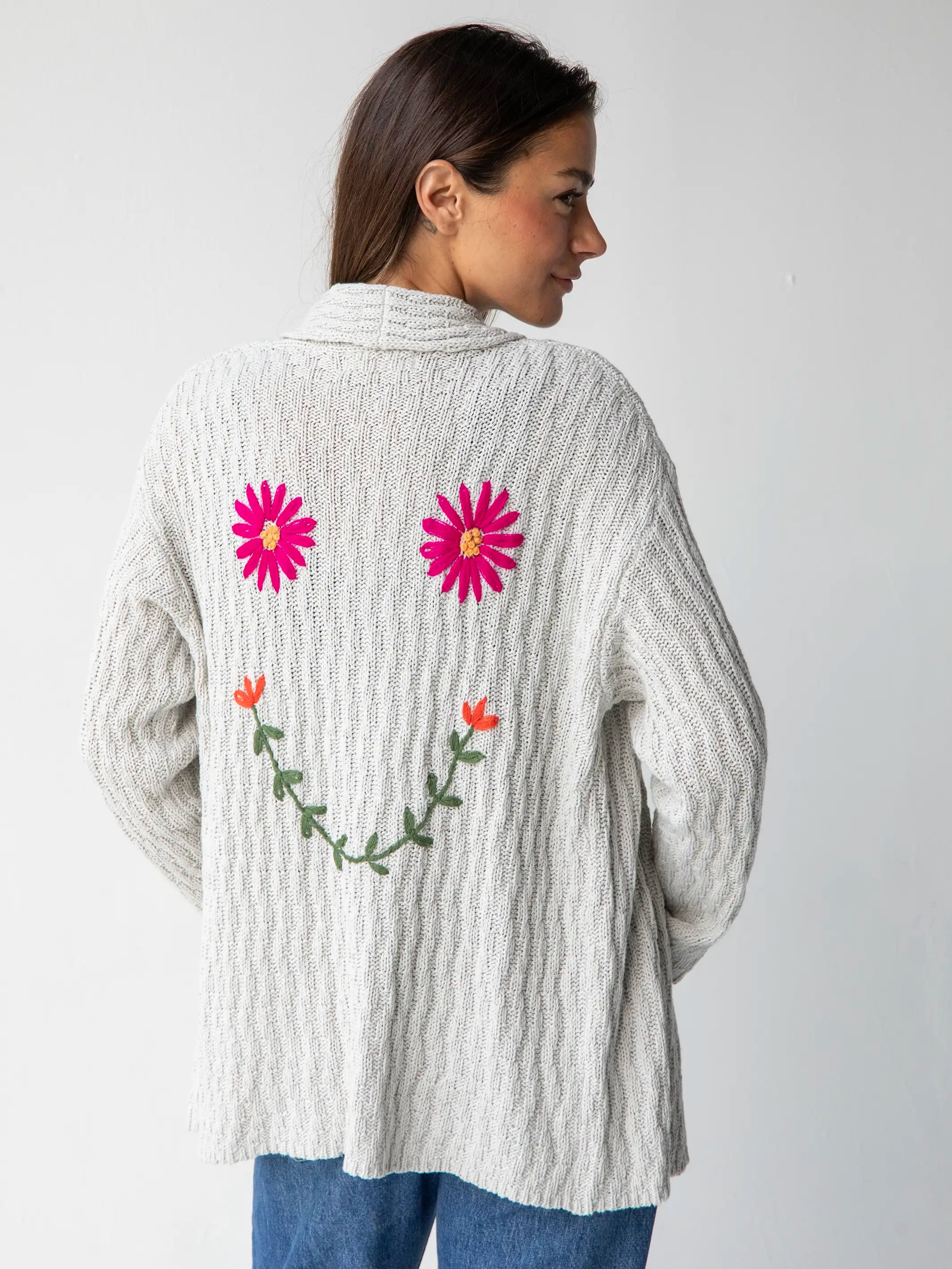 women's tops with asymmetrical designsLittle Things Embroidered Cardigan Sweater - Cream Smiley Face