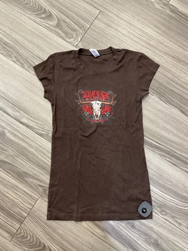 women's tops with embroidery detailsTop Short Sleeve By Bella + Canvas In Brown, Size: L