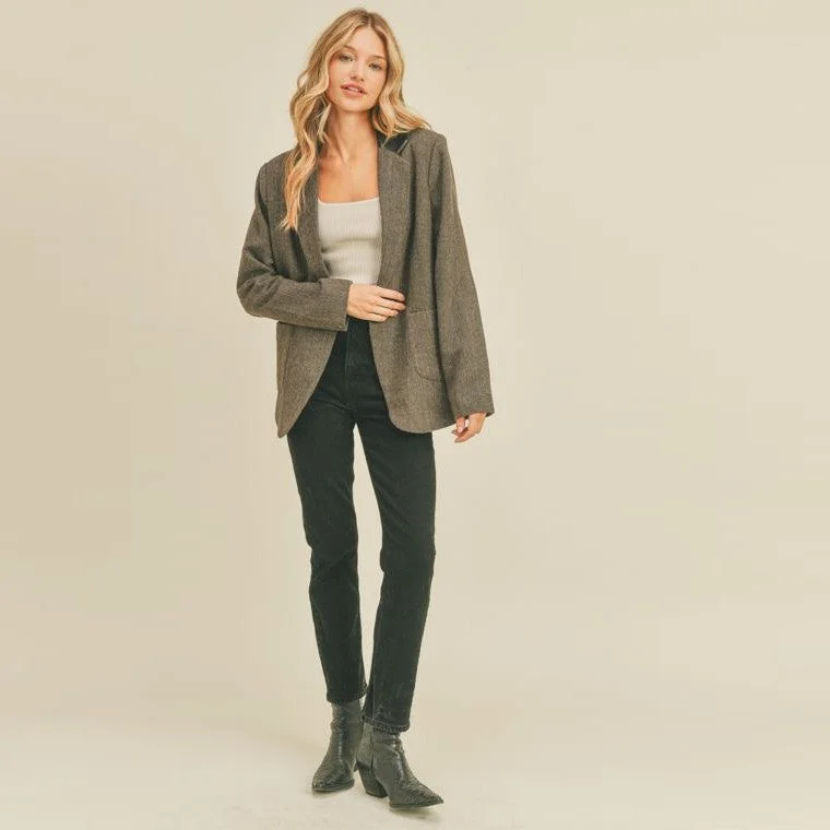 women's trench coatsLeather Collar Blazer (Charcoal Herringbone)