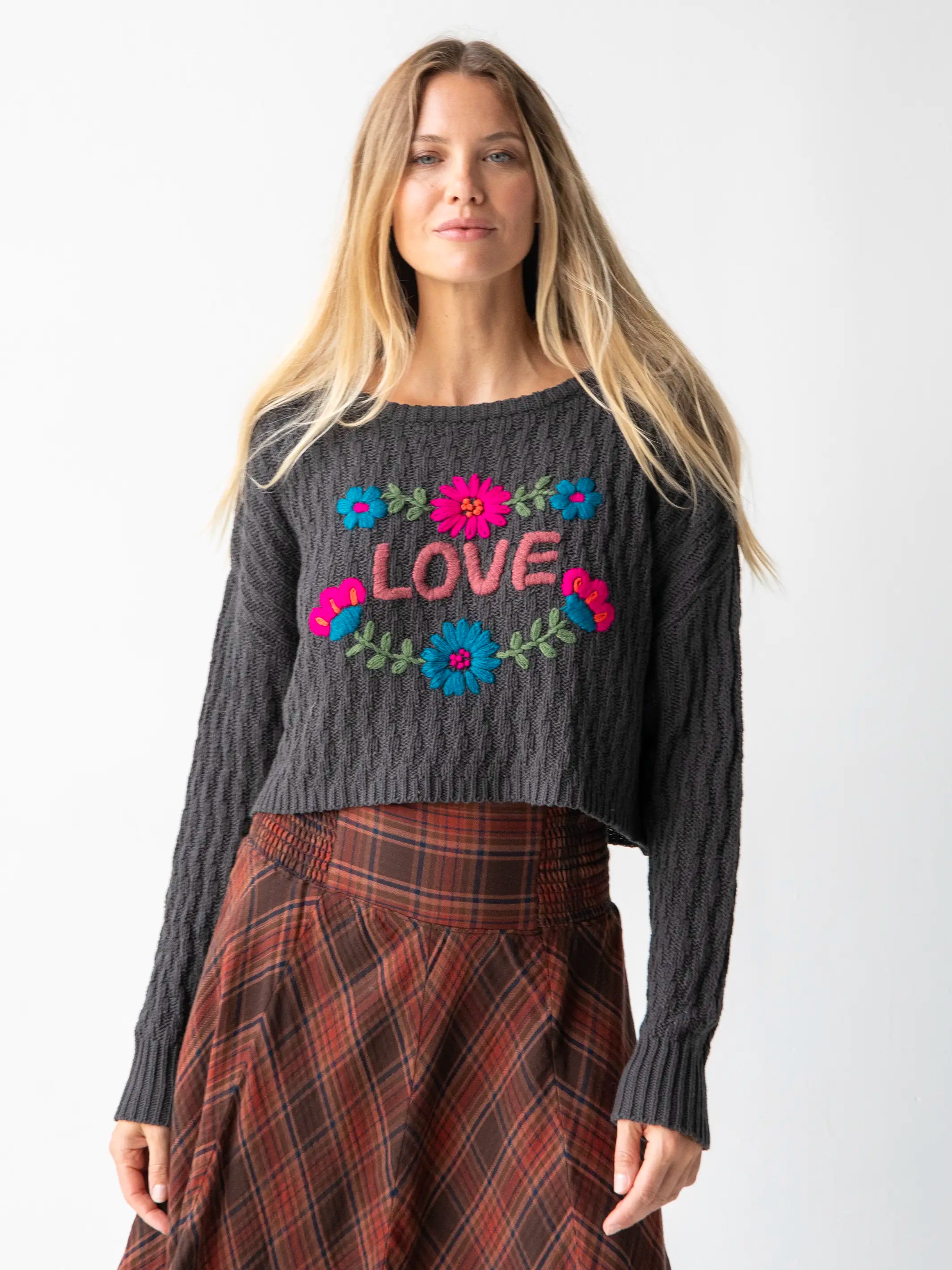 lace women's topsLittle Things Embroidered Pullover Sweater - Charcoal Love