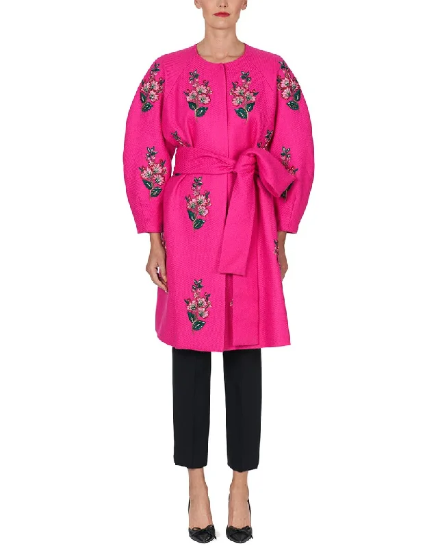 women's coats with pocketsCarolina Herrera Embellished Collarless Silk-Trim Wool A-Line Coat