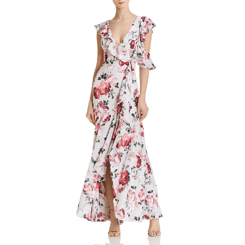 women's off-the-shoulder dressesFame And Partners Womens Beckman Floral Print Ruffled Sleeves Evening Dress