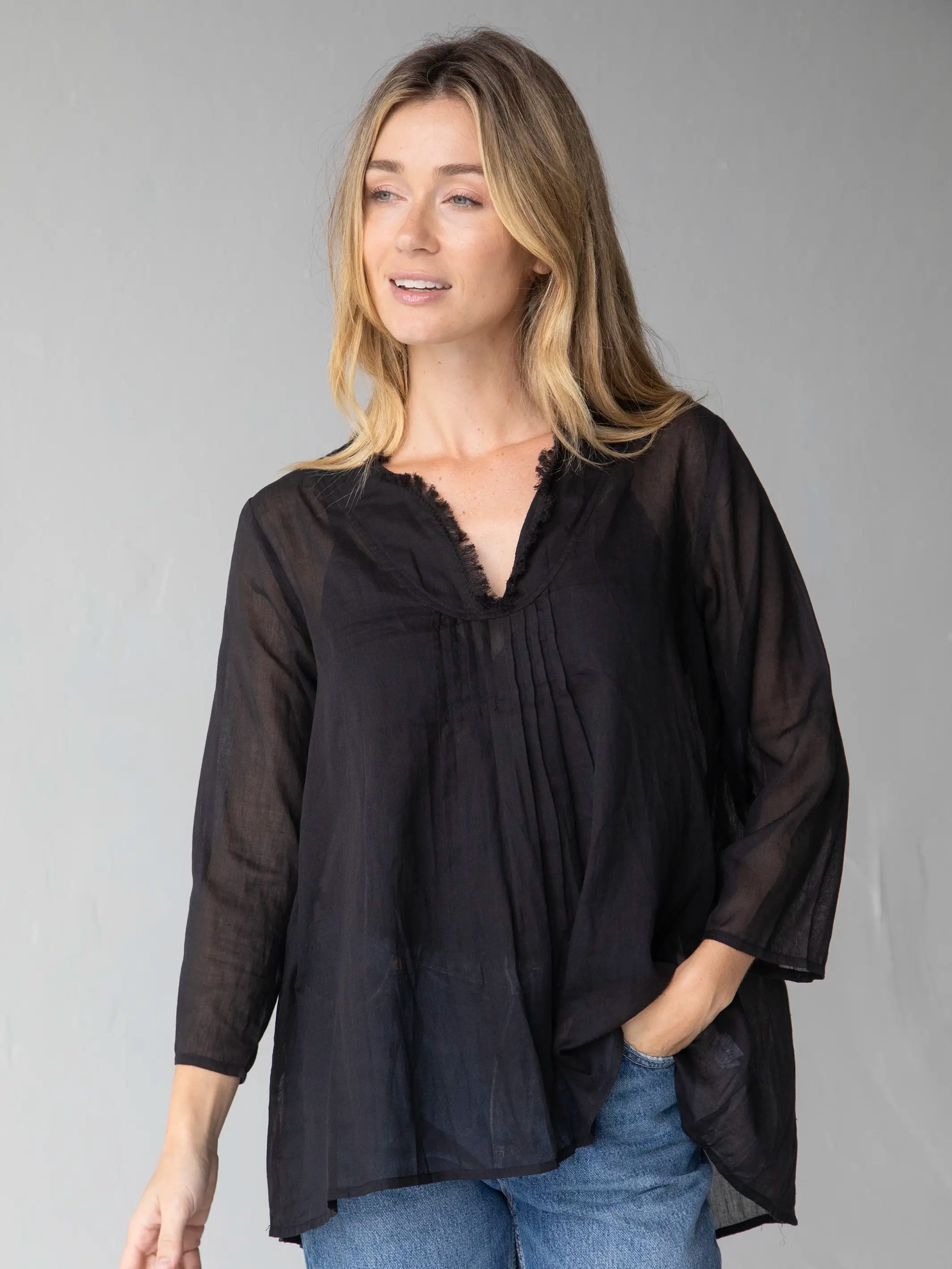 women's tops with sheer overlaysCotton Tunic-In-A-Bag - Black