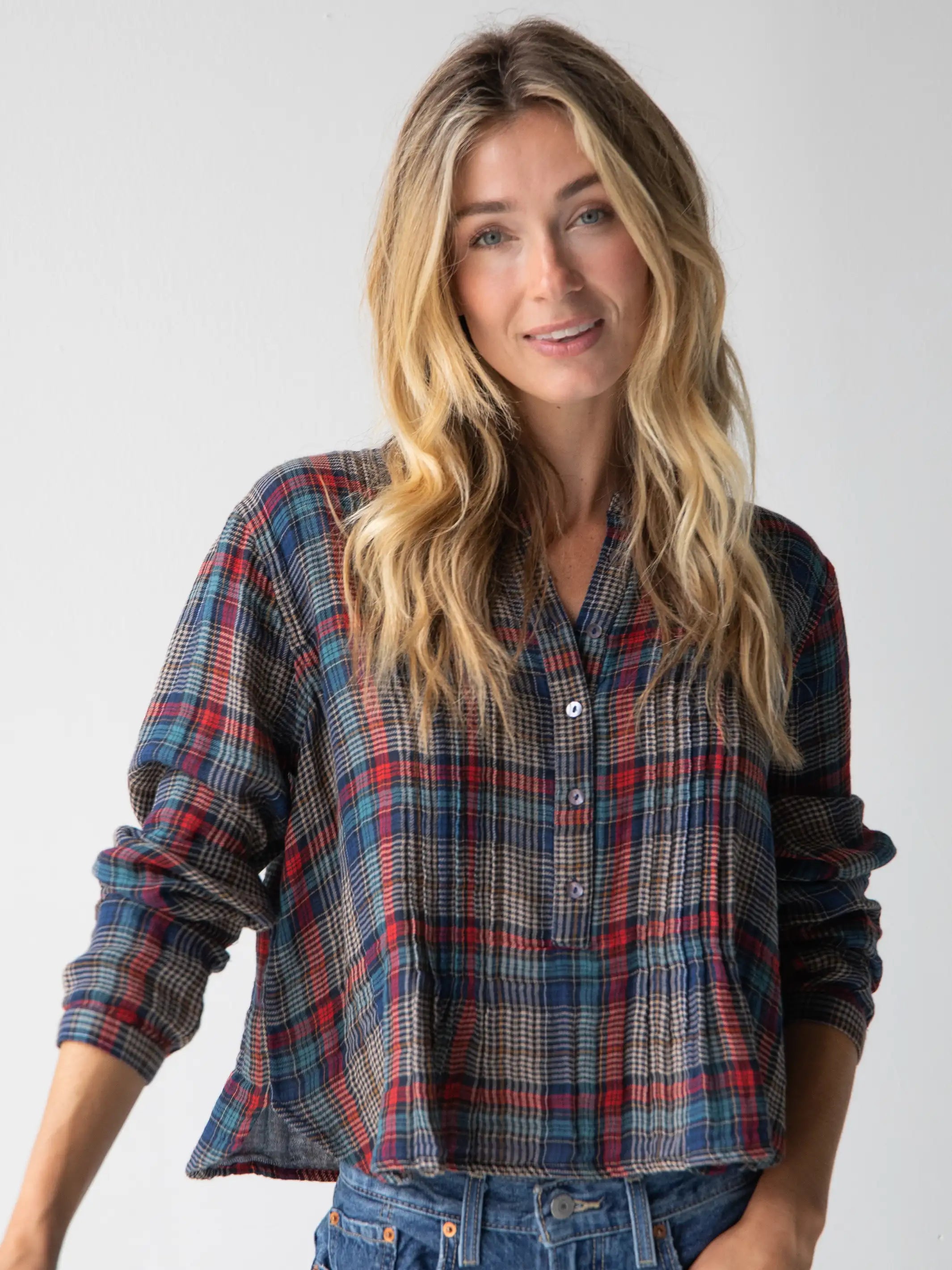 striped women's topsMontana Top - Navy Red Plaid Gauze