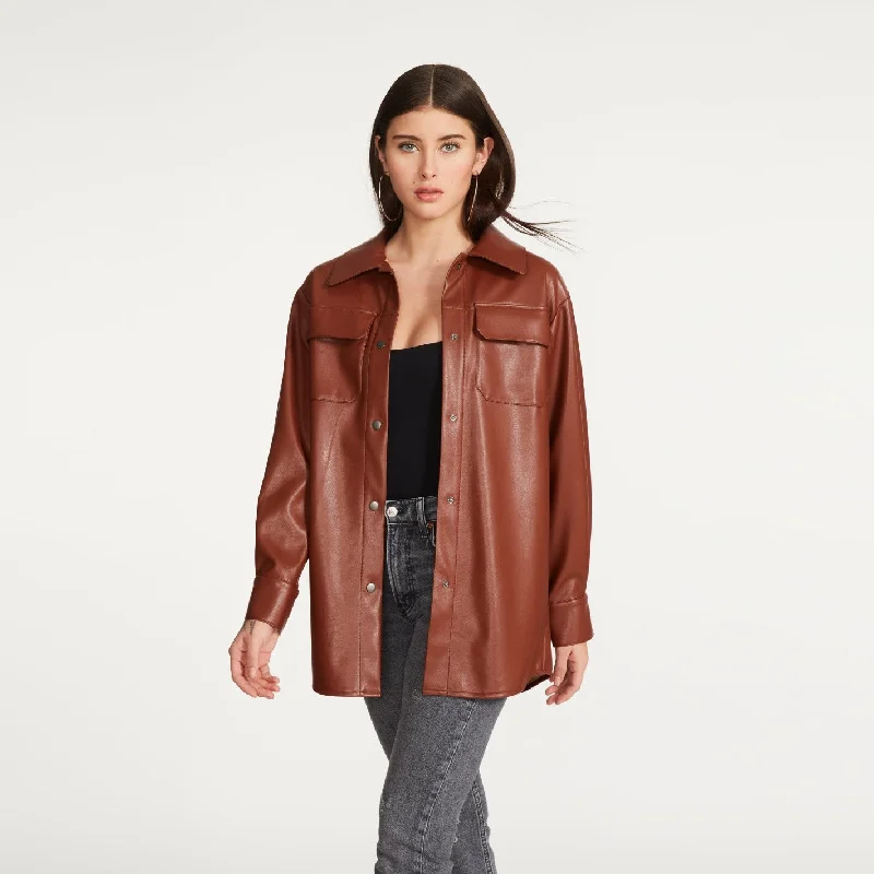 women's coats with asymmetrical hemsFaux Good Measure Shacket (Cognac)