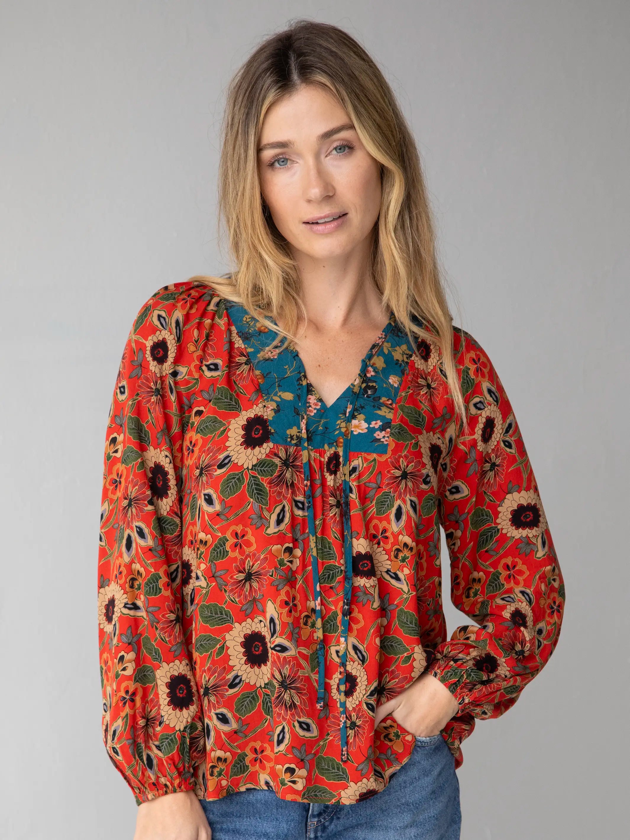 women's tops with cold-shoulder cutsRowan Top - Teal Orange Mixed Floral