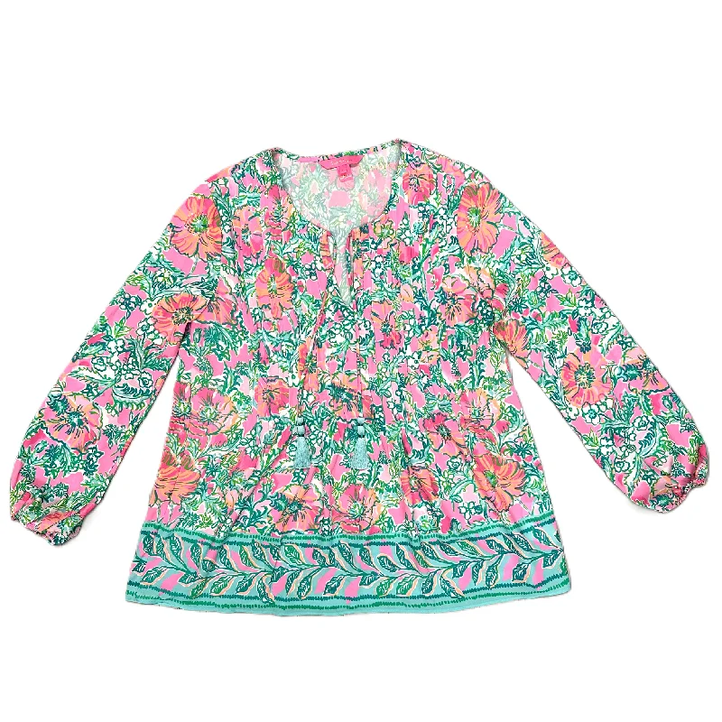 women's tops for those who appreciate subtle and muted tonesTop Long Sleeve Designer By Lilly Pulitzer In Green & Pink, Size: S