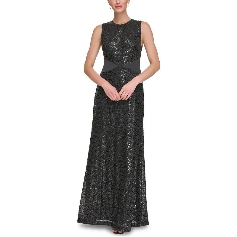 Tea-Length DressDKNY Womens Satin Inset Sequined Evening Dress