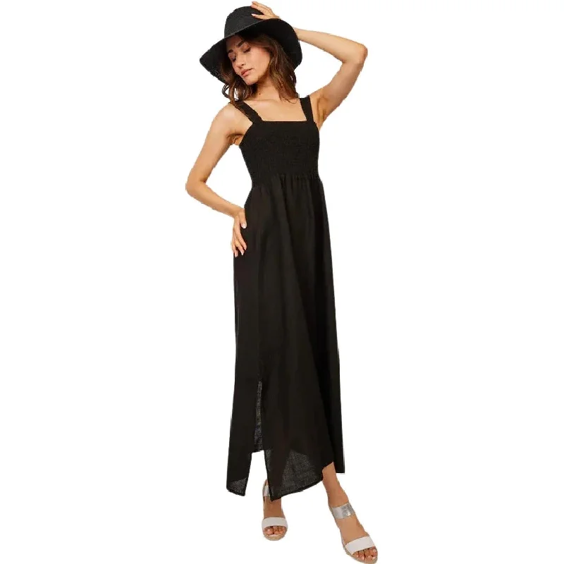 Trumpet DressMaxi Linen Bunched Top Sleeveless Dress (Black)