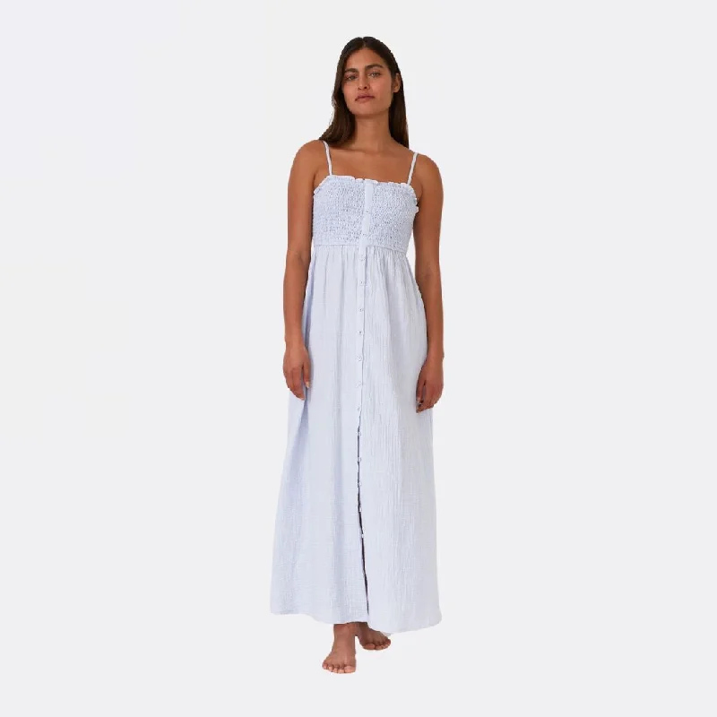 Zip-Up DressCotton Button Front Smocked Sleeveless Maxi Dress (Dusty Blue)