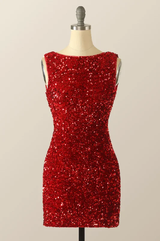 women's breathable dressesScoop Red Sequin Tight Mini Dress with Cowl Back