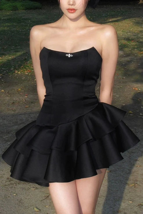 women's one-shoulder dressesBlack Strapless A-Line Ruffles Lovely Mini Homecoming Dress, MD7895