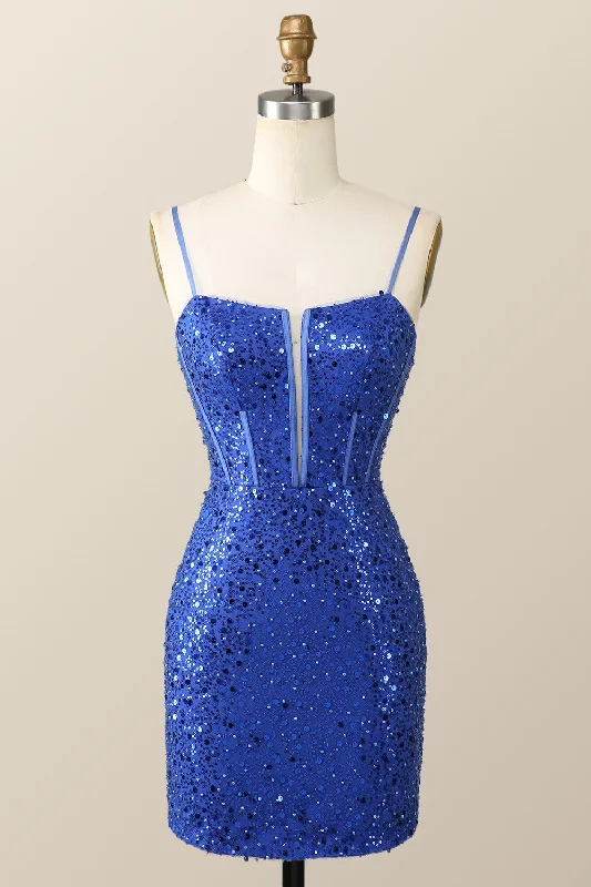 women's pear-shaped body dressesStraps Royal Blue Sequin Tight Mini Dress