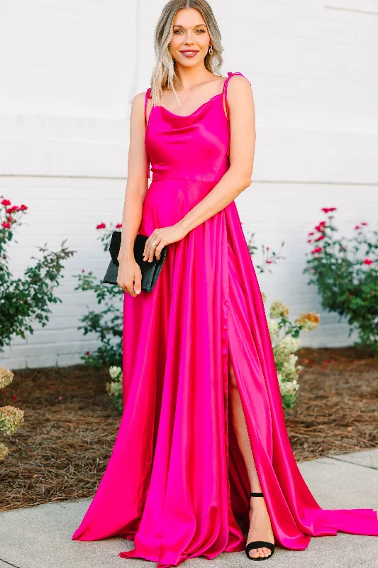 Retro DressSteal The Show Fuchsia Lipstick Pink Satin Maxi Dress