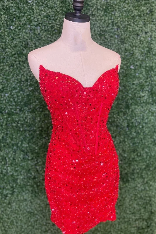 women's maximalist dressesStrapless Red Sequin Tight Mini Dress