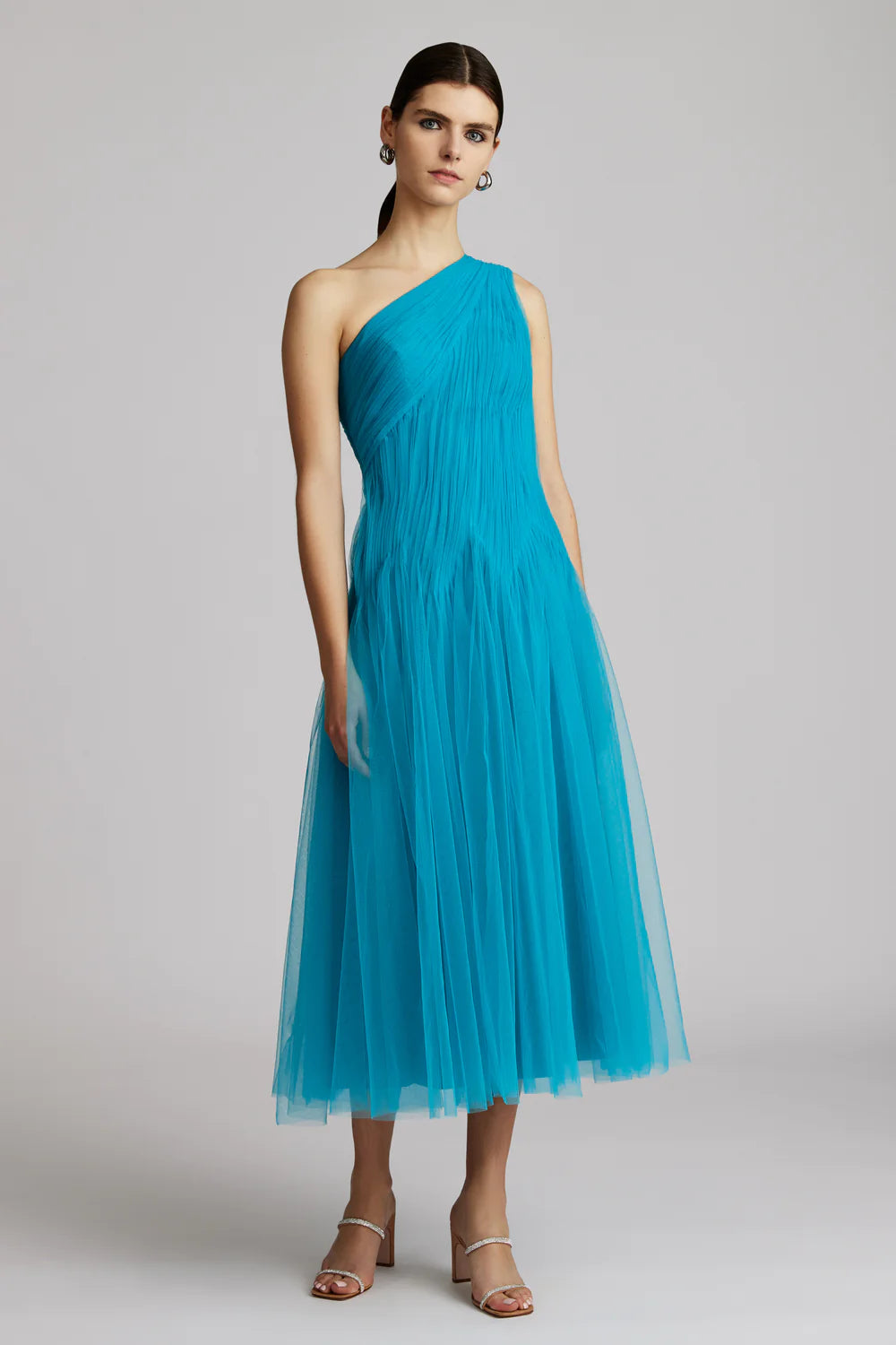 A-Line DressOne Shoulder Midi Tulle Dress - Peacock