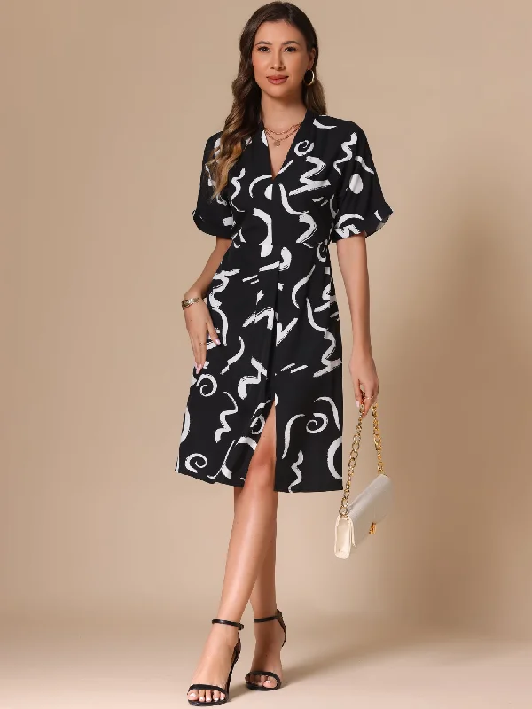 Retro DressShort Sleeve V Neck High Waist Graphic Midi Slit Dress