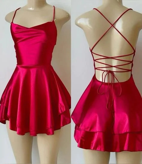 women's cotton dressesRed Straps A-Line Satin Simple Homecoming Dress Mini Birthday Outfits, D158