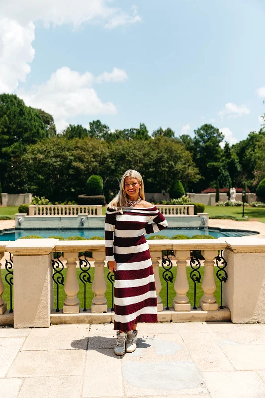 women's tall dressesBoston Striped Midi Dress - Burgundy/Off White