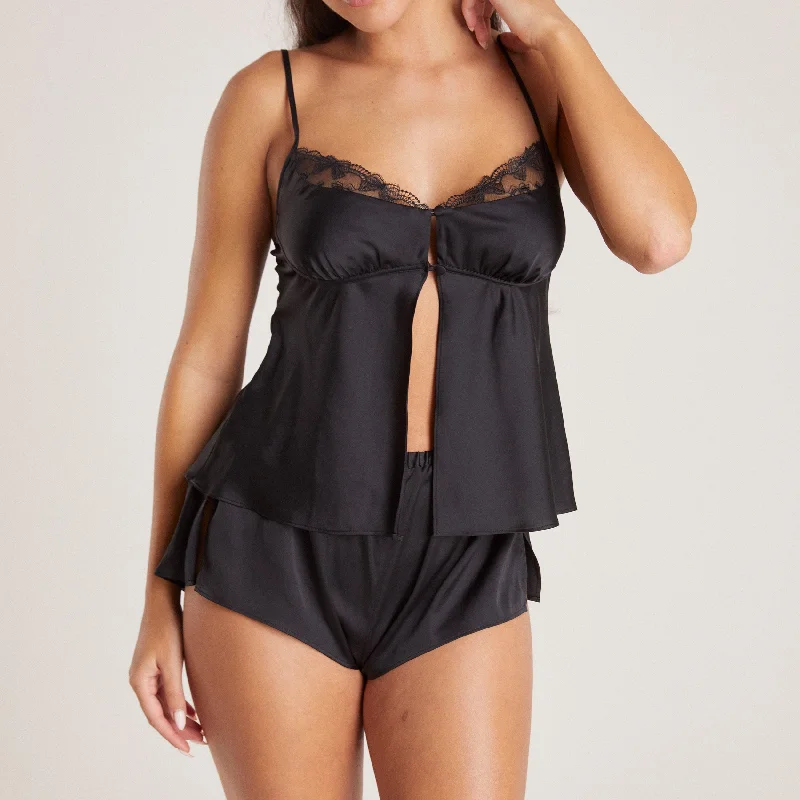 Bow Satin Cami Pyjama Top - Black