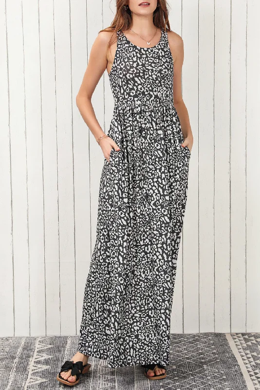 Nursing DressGray Leopard Print Pocketed Sleeveless Maxi Dress