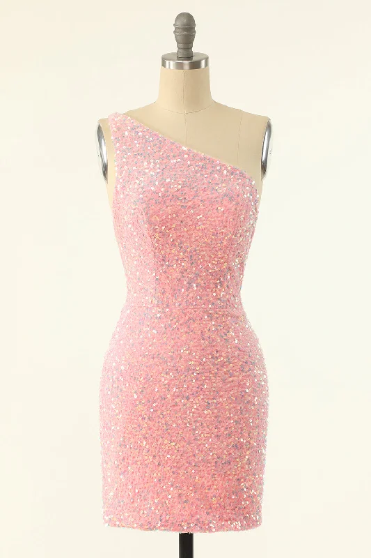 women's curve-hugging dressesOne Shoulder Pink Sequin Bodycon Mini Dress