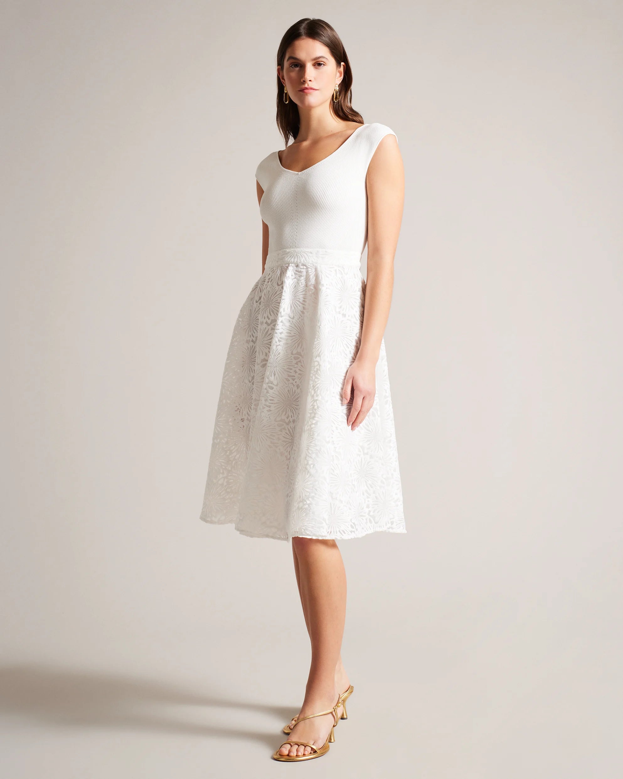 Laced-Up DressAnnikaa Floral Knit Bodice Midi Dress - White