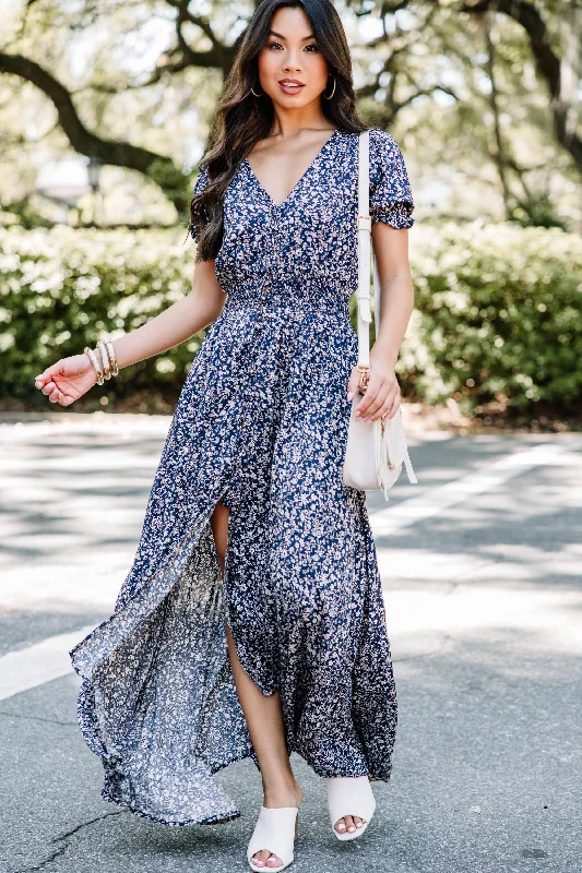 women's retro dressesWhat A Doll Navy Blue Floral Maxi Dress