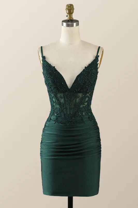 women's stylish dressesStraps Emerald Green Appliques Bodycon Mini Dress