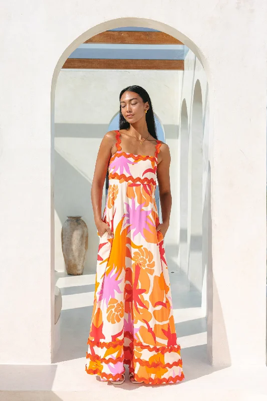 Pearl DressCalinda Orange Abstract Ric Rac Maxi Dress