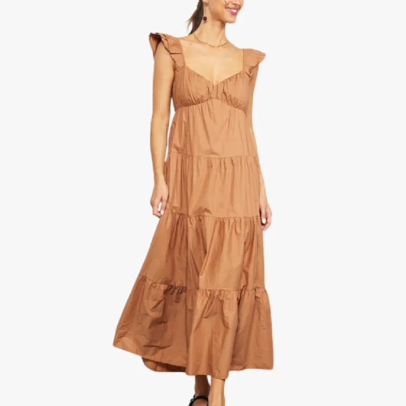 Scoop-Neck DressPoplin Ruffle Sleeve Maxi Dress (Tuscan Tan)