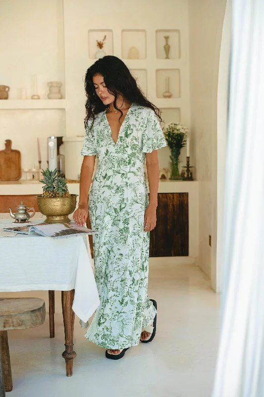 Fit-And-Flare DressAvani Green Tropical Floral Button Down Maxi Dress