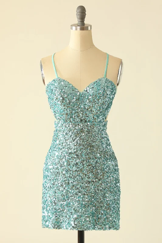 women's eco-friendly dressesStraps Mint Green Sequin Tight Mini Dress