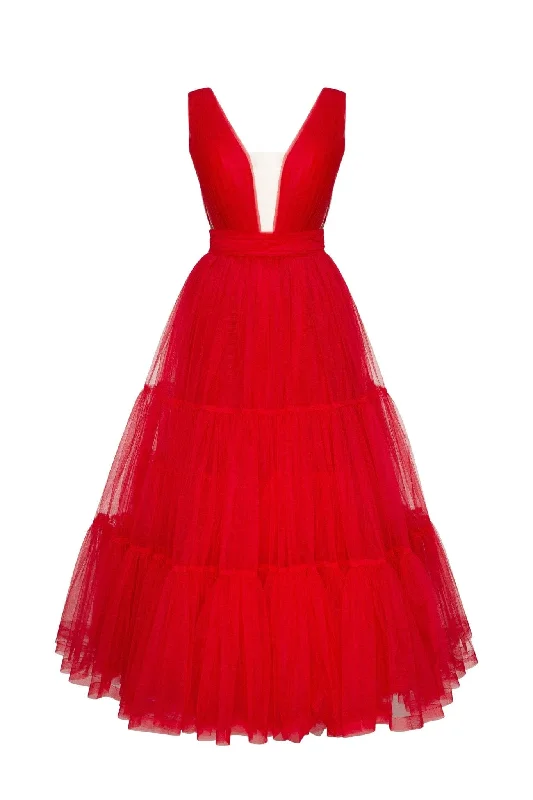 Floor-Length DressRed Tender midi plunging neckline cut out dress