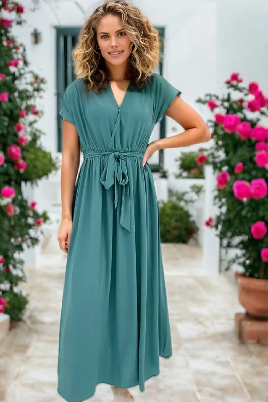 women's fair-trade dressesV Neck Wrap Pleated Short Sleeve Maxi Dress