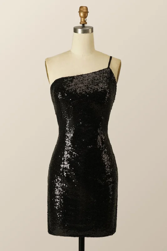 women's versatile dressesOne Shoulder Black Sequin Bodycon Mini Dress