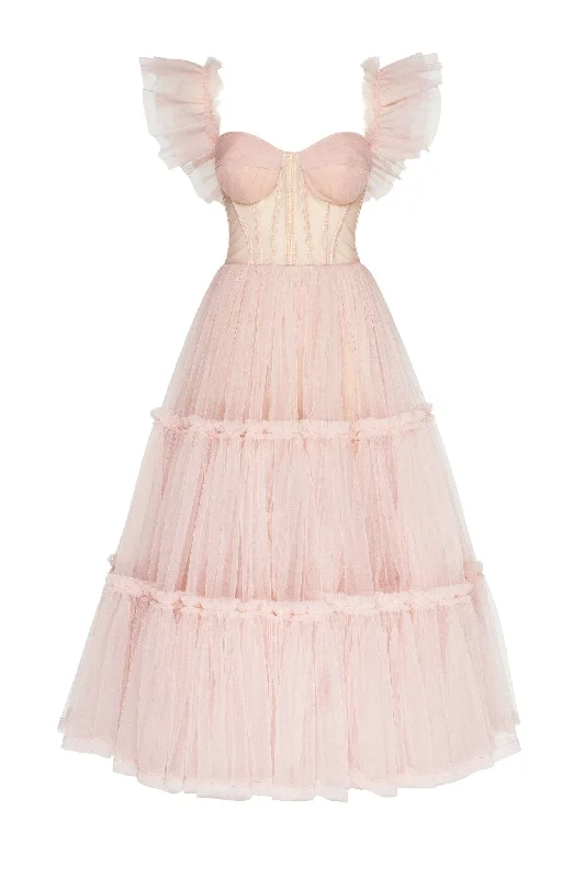 High-Neck DressMisty Rose Ruffled Tulle Midi Dress