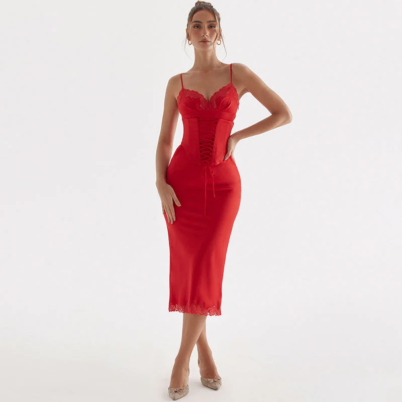 women's apple-shaped body dressesFishtail Lace Up Belted Lace Trim Bodycon Slip Midi Dress - Red