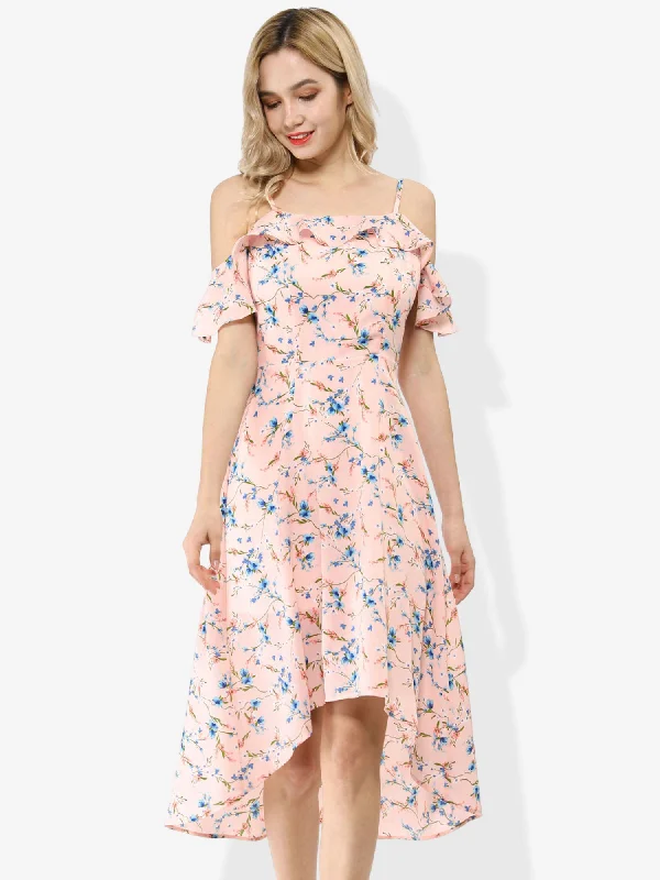 women's machine-washable dressesSpaghetti Strap Asymmetrical High Low Floral A-Line Midi Dress